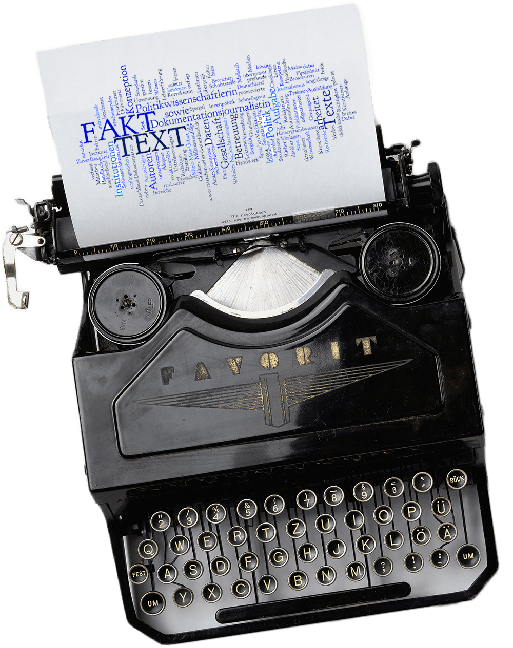 Alte Schreibmaschine mit Wortwolke der Kompetenzen von Dr. Sabine Giehle, TEXT + FAKT – Redaktion Mainz